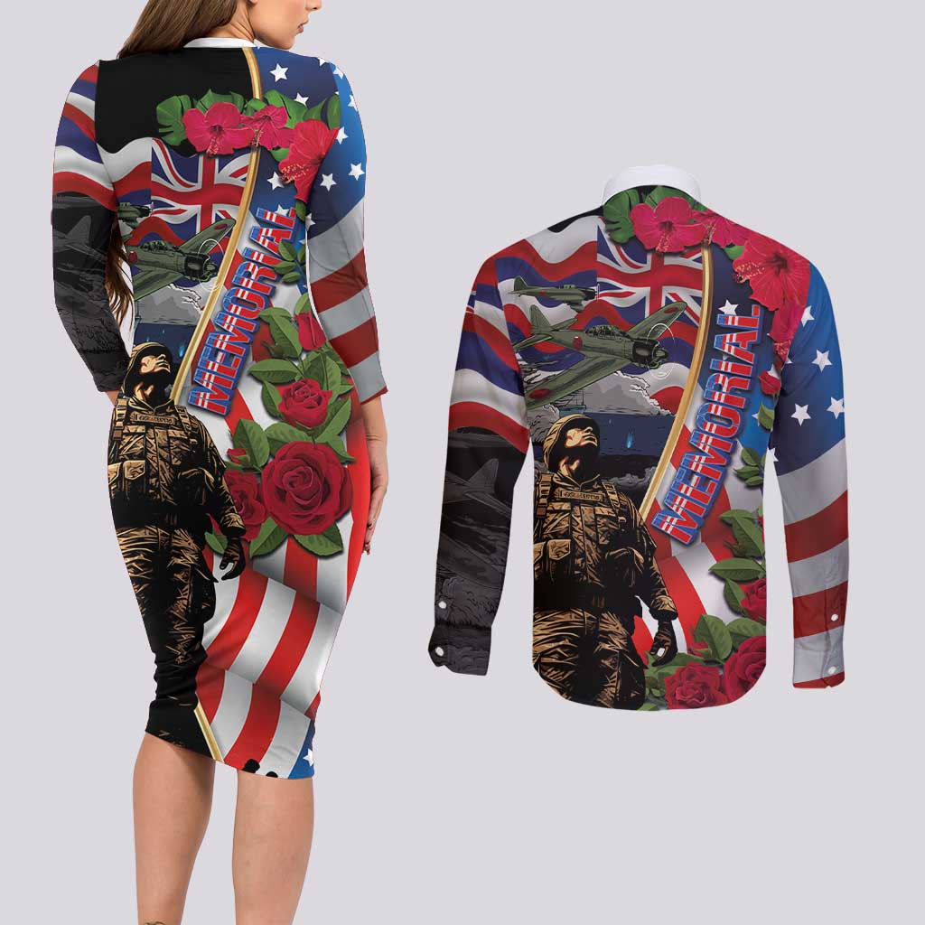 Hawaii and United States Memorial Day Couples Matching Long Sleeve Bodycon Dress and Long Sleeve Button Shirt Honor and Remember The Fallen LT03 - Polynesian Pride