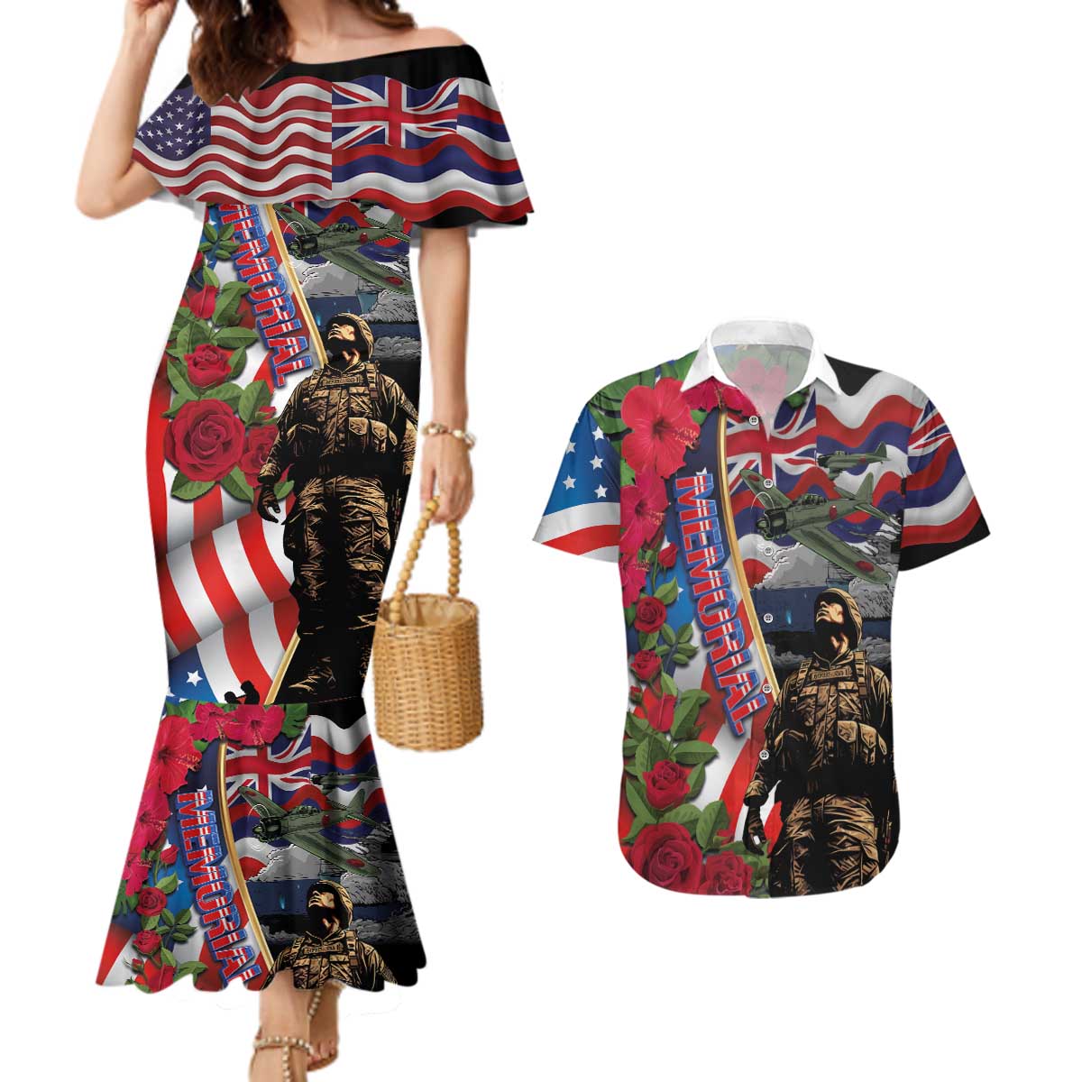 Hawaii and United States Memorial Day Couples Matching Mermaid Dress and Hawaiian Shirt Honor and Remember The Fallen LT03 Blue - Polynesian Pride