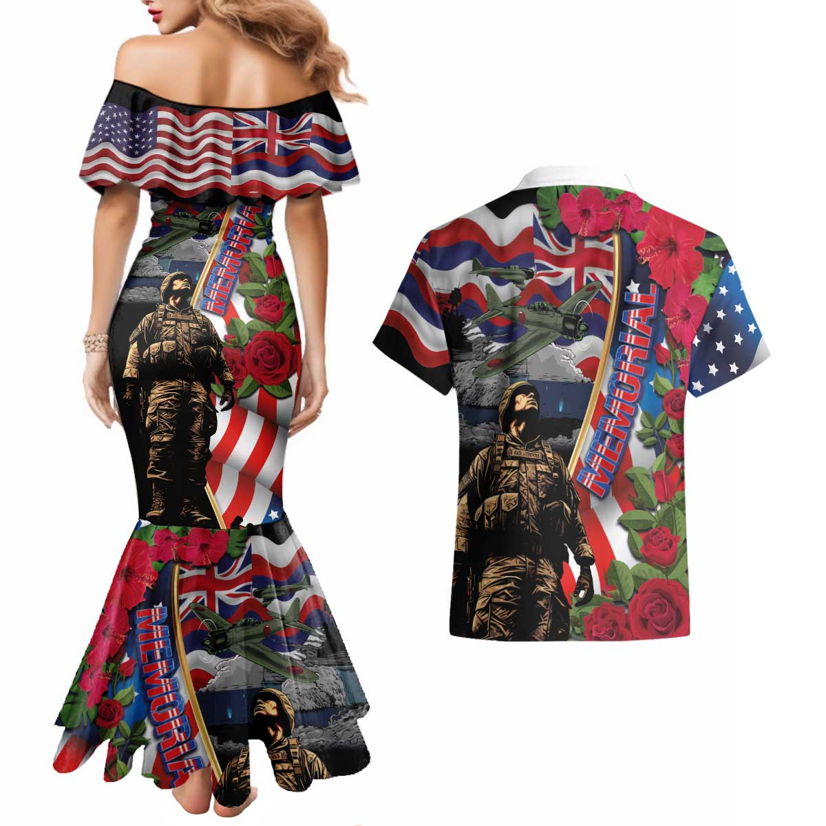 Hawaii and United States Memorial Day Couples Matching Mermaid Dress and Hawaiian Shirt Honor and Remember The Fallen LT03 - Polynesian Pride