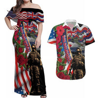 Hawaii and United States Memorial Day Couples Matching Off Shoulder Maxi Dress and Hawaiian Shirt Honor and Remember The Fallen LT03 Blue - Polynesian Pride