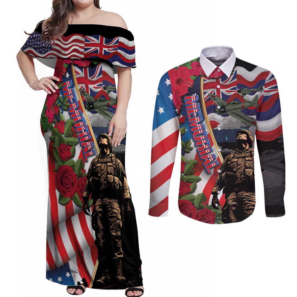 Hawaii and United States Memorial Day Couples Matching Off Shoulder Maxi Dress and Long Sleeve Button Shirt Honor and Remember The Fallen LT03 Blue - Polynesian Pride