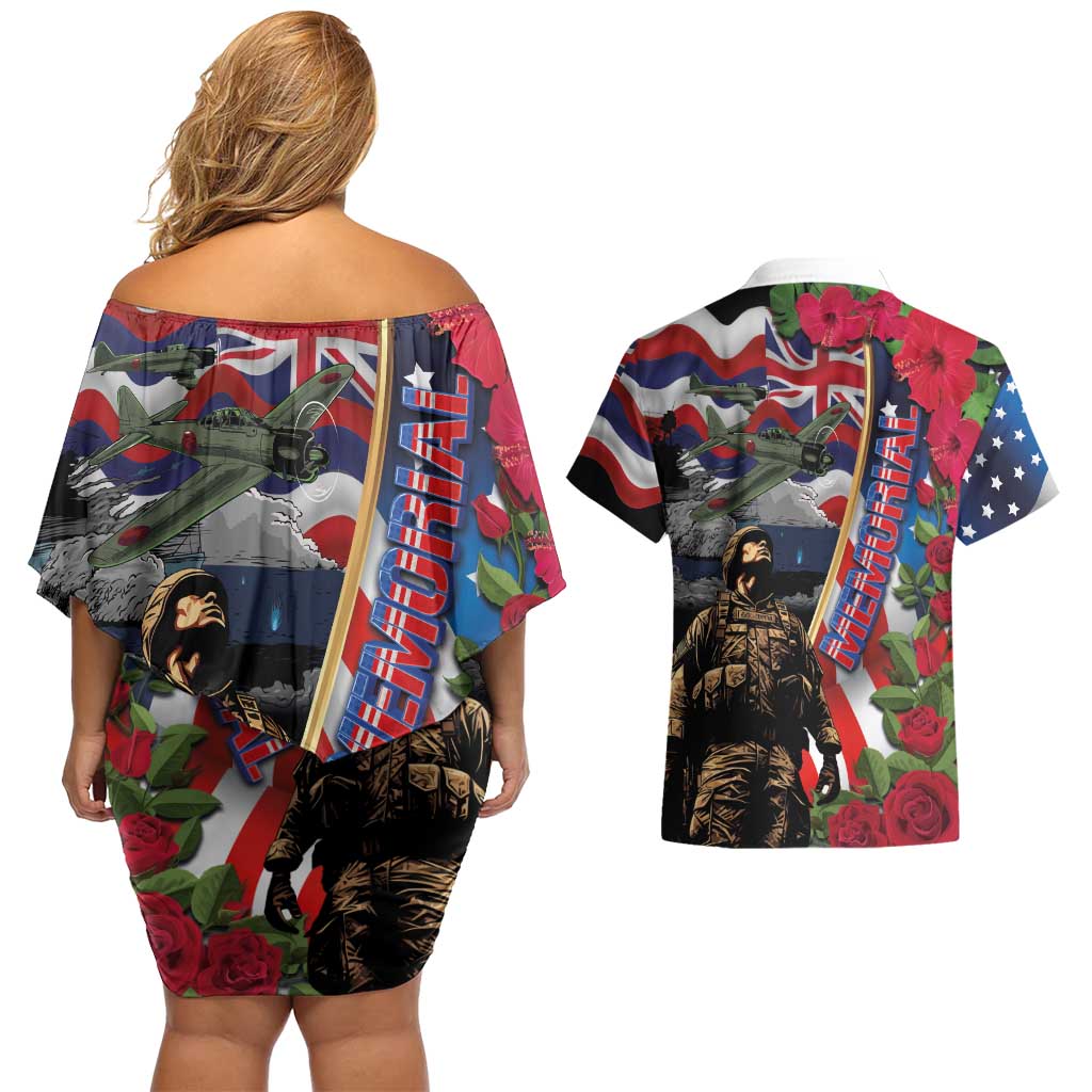 Hawaii and United States Memorial Day Couples Matching Off Shoulder Short Dress and Hawaiian Shirt Honor and Remember The Fallen LT03 - Polynesian Pride