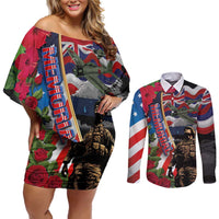 Hawaii and United States Memorial Day Couples Matching Off Shoulder Short Dress and Long Sleeve Button Shirt Honor and Remember The Fallen LT03 Blue - Polynesian Pride