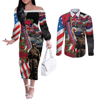 Hawaii and United States Memorial Day Couples Matching Off The Shoulder Long Sleeve Dress and Long Sleeve Button Shirt Honor and Remember The Fallen LT03 Blue - Polynesian Pride
