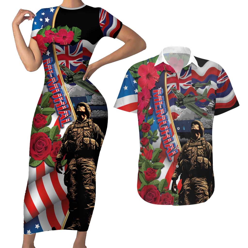 Hawaii and United States Memorial Day Couples Matching Short Sleeve Bodycon Dress and Hawaiian Shirt Honor and Remember The Fallen LT03 Blue - Polynesian Pride