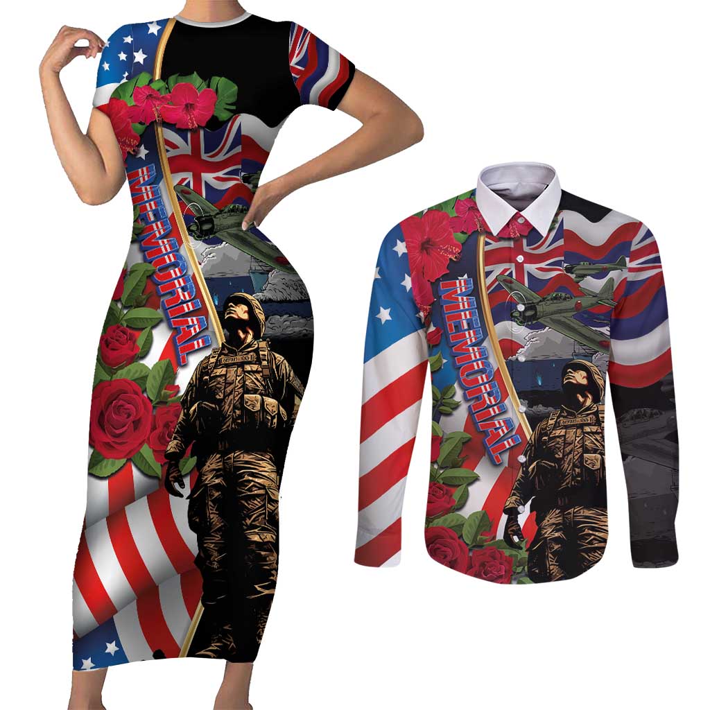 Hawaii and United States Memorial Day Couples Matching Short Sleeve Bodycon Dress and Long Sleeve Button Shirt Honor and Remember The Fallen LT03 Blue - Polynesian Pride