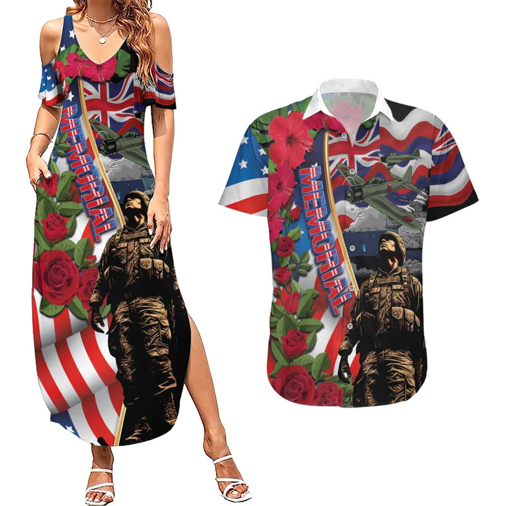 Hawaii and United States Memorial Day Couples Matching Summer Maxi Dress and Hawaiian Shirt Honor and Remember The Fallen LT03 Blue - Polynesian Pride