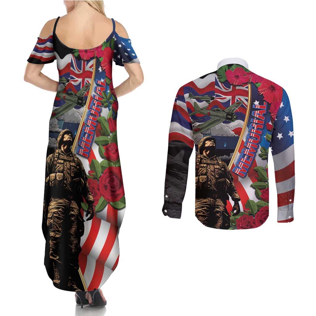 Hawaii and United States Memorial Day Couples Matching Summer Maxi Dress and Long Sleeve Button Shirt Honor and Remember The Fallen LT03 - Polynesian Pride