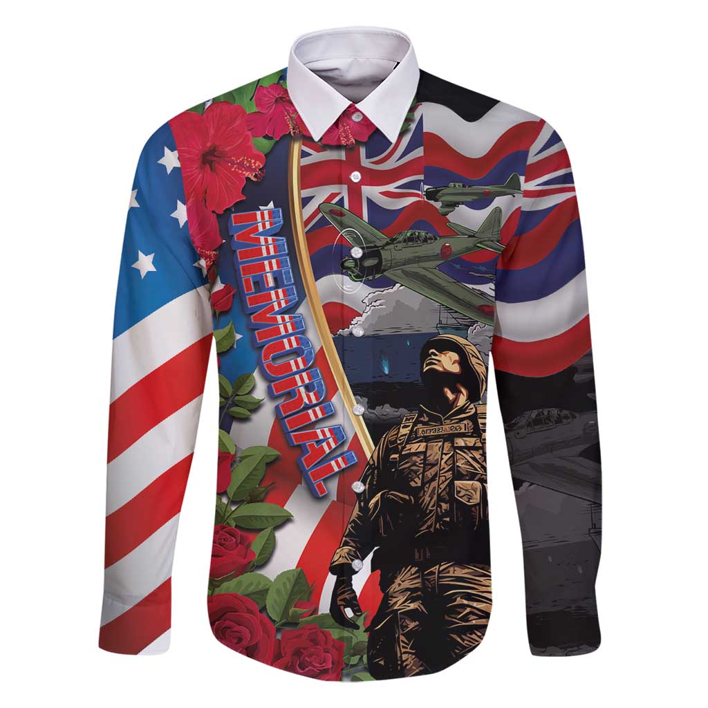 Hawaii and United States Memorial Day Family Matching Mermaid Dress and Hawaiian Shirt Honor and Remember The Fallen LT03 Dad's Shirt - Long Sleeve Blue - Polynesian Pride