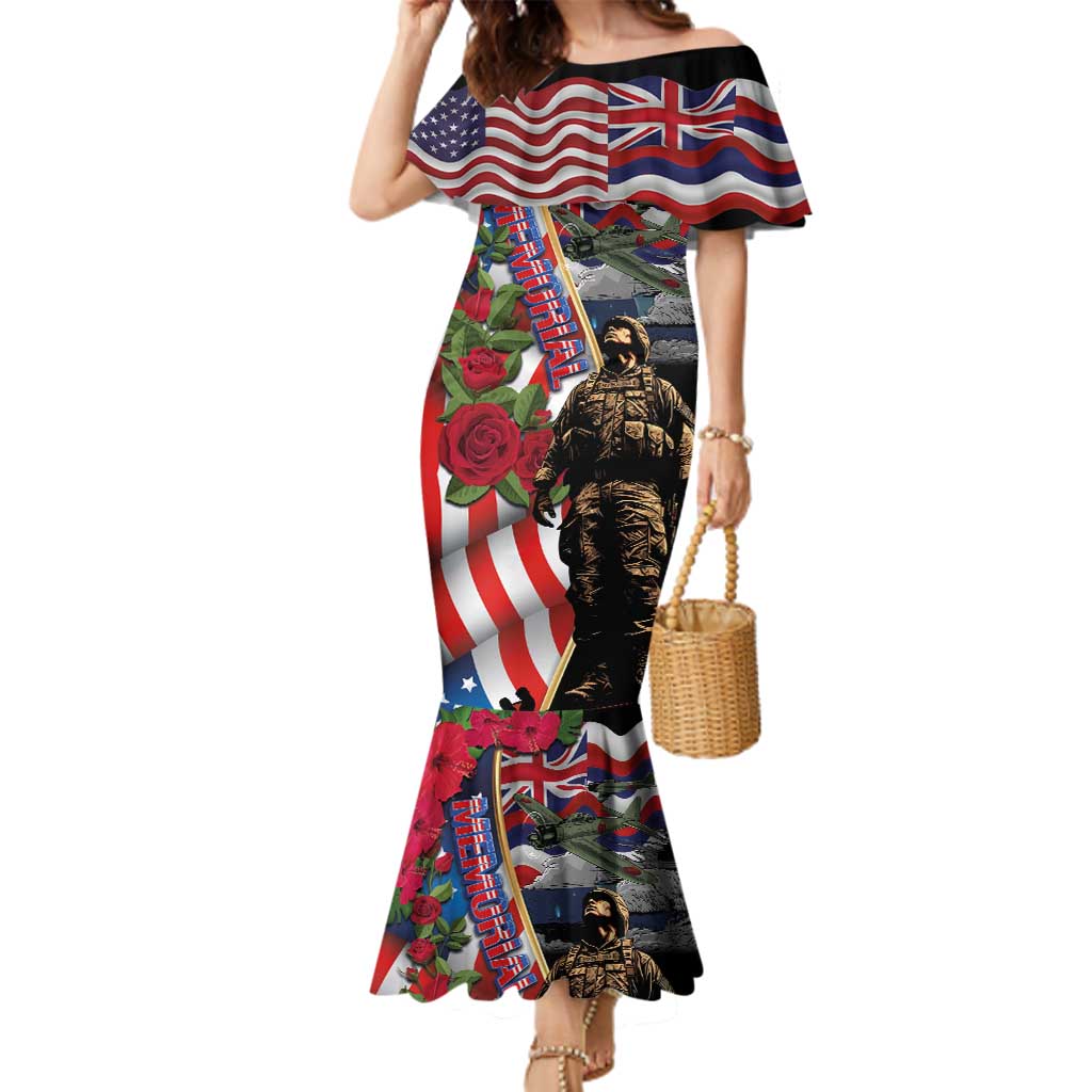 Hawaii and United States Memorial Day Family Matching Mermaid Dress and Hawaiian Shirt Honor and Remember The Fallen LT03 Mom's Dress Blue - Polynesian Pride