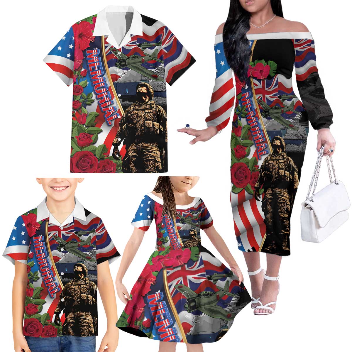 Hawaii and United States Memorial Day Family Matching Off The Shoulder Long Sleeve Dress and Hawaiian Shirt Honor and Remember The Fallen