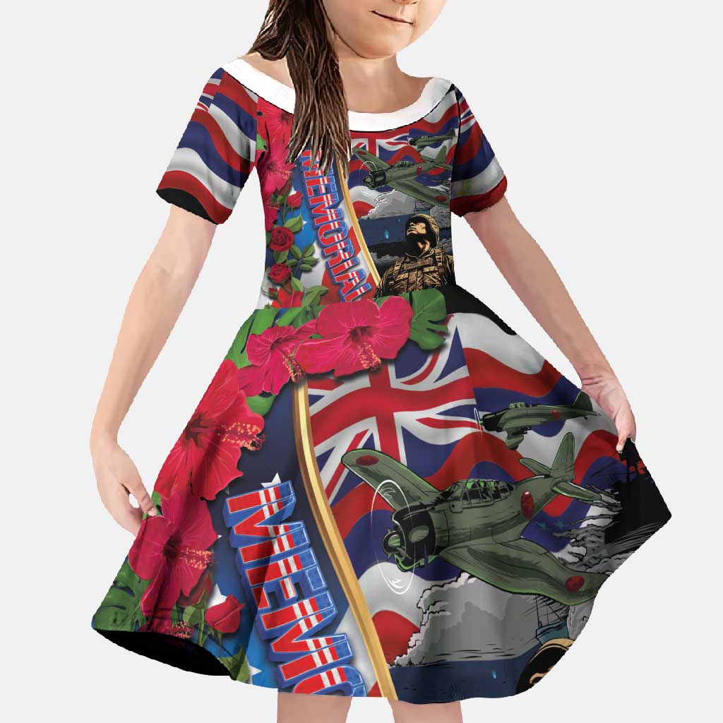Hawaii and United States Memorial Day Family Matching Off Shoulder Maxi Dress and Hawaiian Shirt Honor and Remember The Fallen LT03 Daughter's Dress Blue - Polynesian Pride
