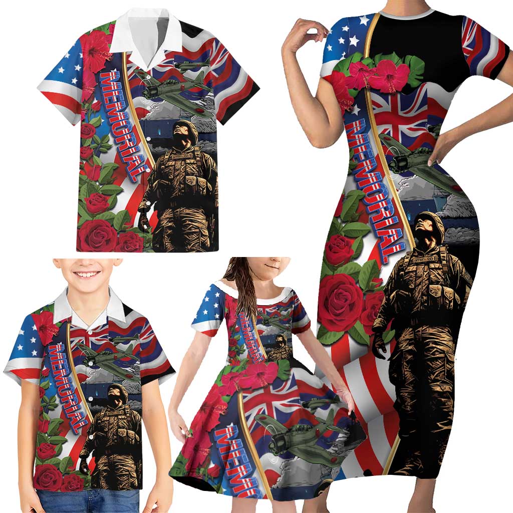 Hawaii and United States Memorial Day Family Matching Short Sleeve Bodycon Dress and Hawaiian Shirt Honor and Remember The Fallen LT03 - Polynesian Pride