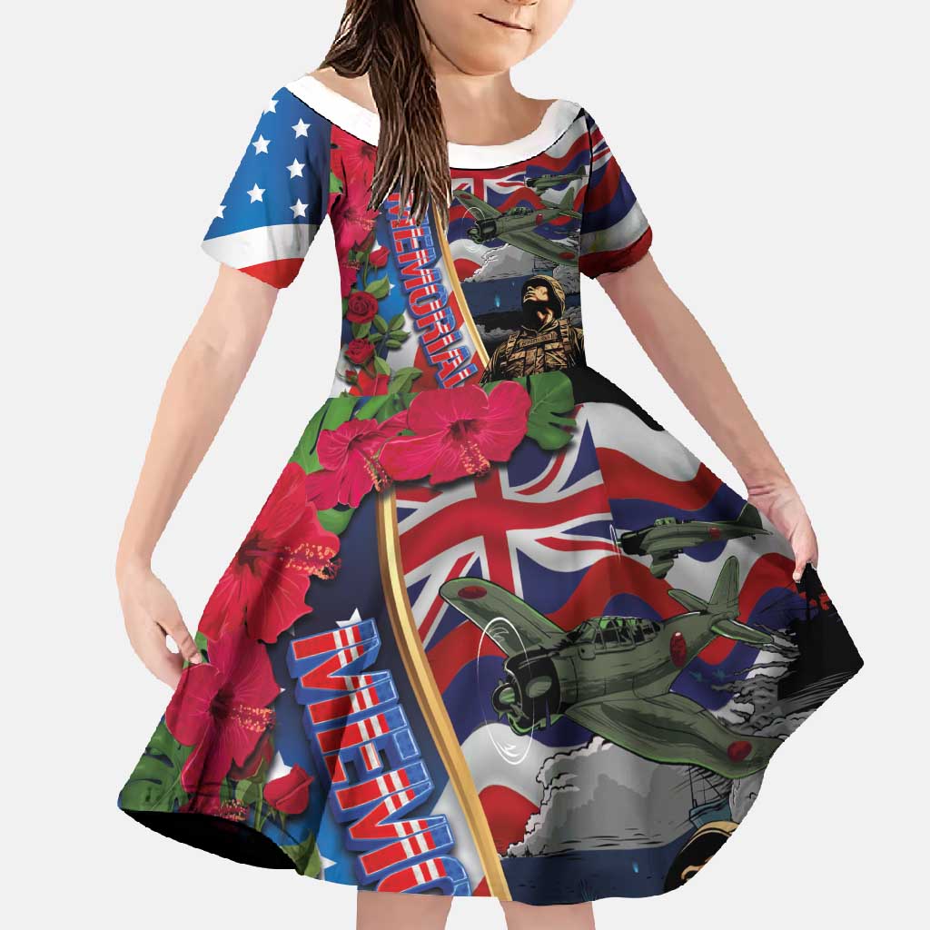 Hawaii and United States Memorial Day Family Matching Tank Maxi Dress and Hawaiian Shirt Honor and Remember The Fallen LT03 Daughter's Dress Blue - Polynesian Pride