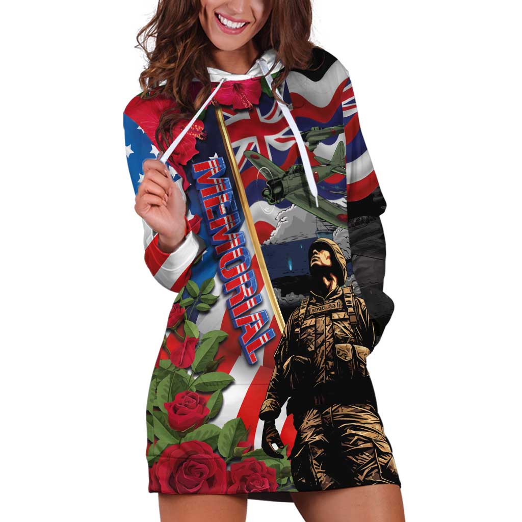 Hawaii and United States Memorial Day Hoodie Dress Honor and Remember The Fallen LT03 Blue - Polynesian Pride