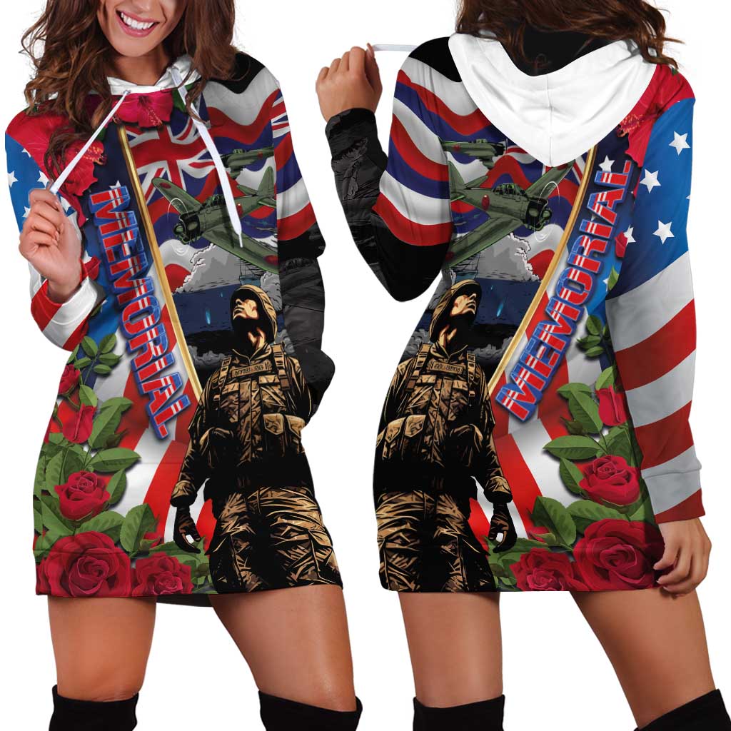 Hawaii and United States Memorial Day Hoodie Dress Honor and Remember The Fallen LT03 - Polynesian Pride
