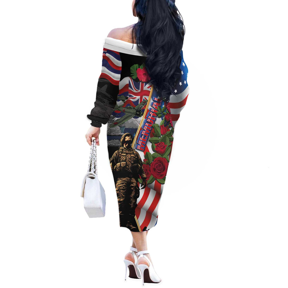 Hawaii and United States Memorial Day Off The Shoulder Long Sleeve Dress Honor and Remember The Fallen LT03 - Polynesian Pride