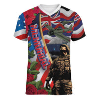 Hawaii and United States Memorial Day Women V-Neck T-Shirt Honor and Remember The Fallen LT03 Female Blue - Polynesian Pride