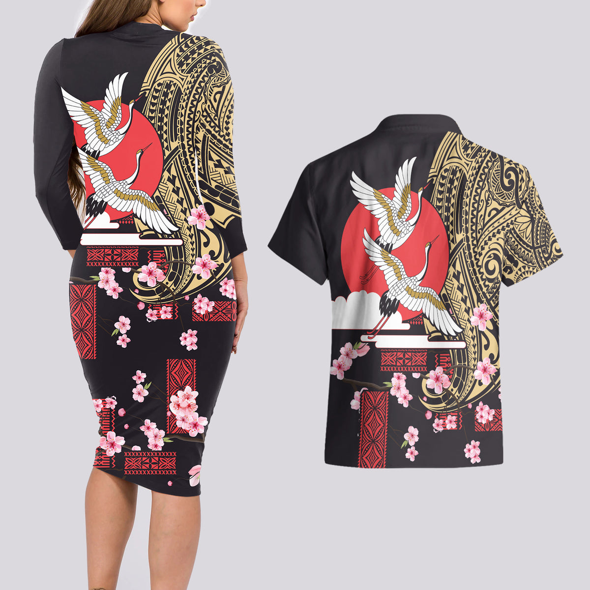 Japanese Culture and Hawaiian Tribal Couples Matching Long Sleeve Bodycon Dress and Hawaiian Shirt Sakura Blossom Tapa Pattern LT03 - Polynesian Pride