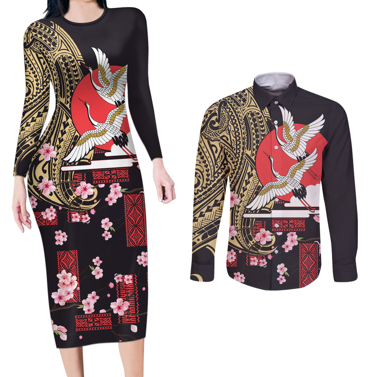 Japanese Culture and Hawaiian Tribal Couples Matching Long Sleeve Bodycon Dress and Long Sleeve Button Shirt Sakura Blossom Tapa Pattern LT03 Black - Polynesian Pride