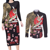 Japanese Culture and Hawaiian Tribal Couples Matching Long Sleeve Bodycon Dress and Long Sleeve Button Shirt Sakura Blossom Tapa Pattern LT03 Black - Polynesian Pride