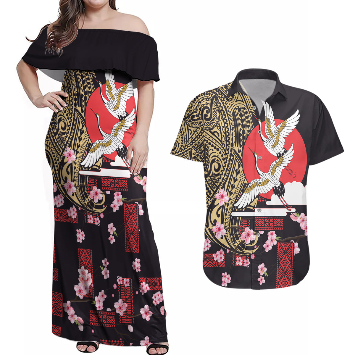 Japanese Culture and Hawaiian Tribal Couples Matching Off Shoulder Maxi Dress and Hawaiian Shirt Sakura Blossom Tapa Pattern LT03 Black - Polynesian Pride
