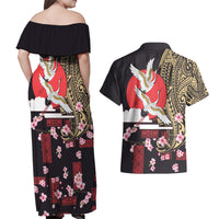 Japanese Culture and Hawaiian Tribal Couples Matching Off Shoulder Maxi Dress and Hawaiian Shirt Sakura Blossom Tapa Pattern LT03 - Polynesian Pride