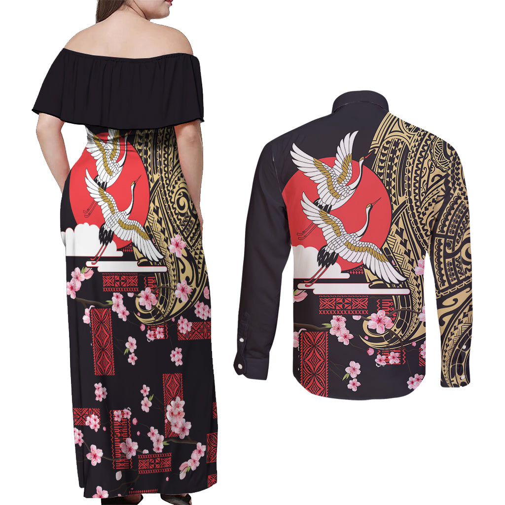 Japanese Culture and Hawaiian Tribal Couples Matching Off Shoulder Maxi Dress and Long Sleeve Button Shirt Sakura Blossom Tapa Pattern LT03 - Polynesian Pride