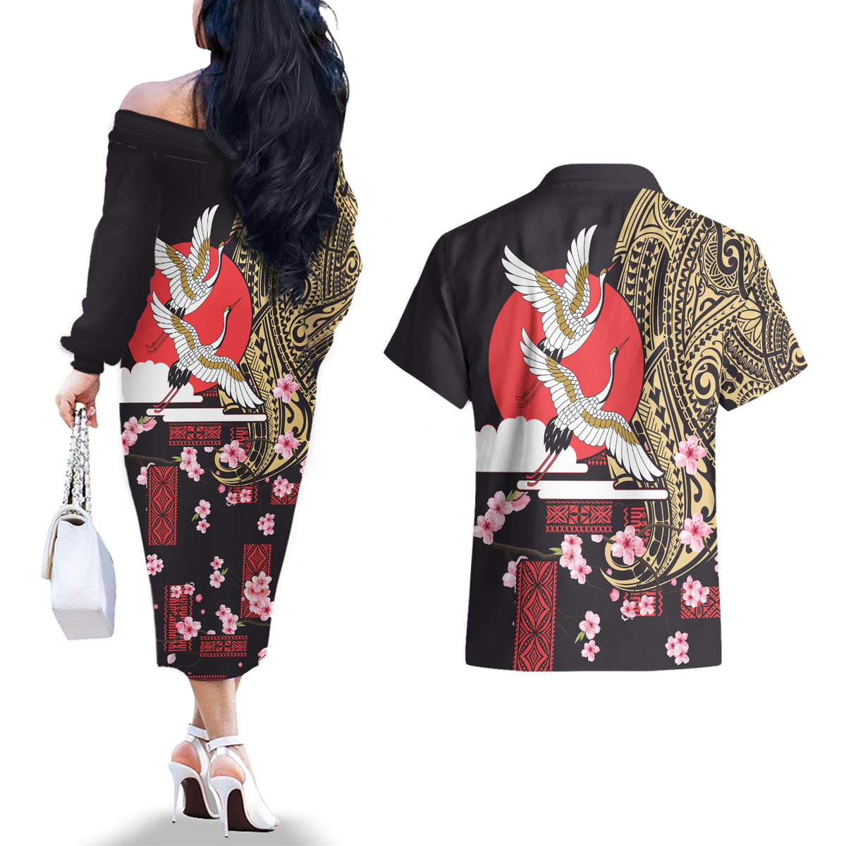 Japanese Culture and Hawaiian Tribal Couples Matching Off The Shoulder Long Sleeve Dress and Hawaiian Shirt Sakura Blossom Tapa Pattern LT03 - Polynesian Pride