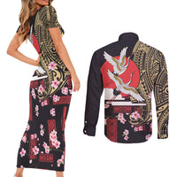 Japanese Culture and Hawaiian Tribal Couples Matching Short Sleeve Bodycon Dress and Long Sleeve Button Shirt Sakura Blossom Tapa Pattern LT03 - Polynesian Pride