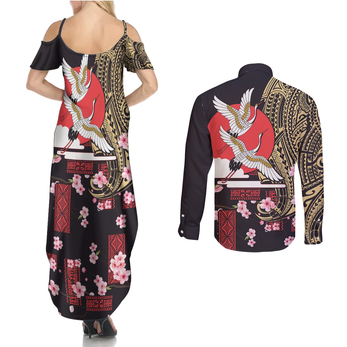 Japanese Culture and Hawaiian Tribal Couples Matching Summer Maxi Dress and Long Sleeve Button Shirt Sakura Blossom Tapa Pattern LT03 - Polynesian Pride