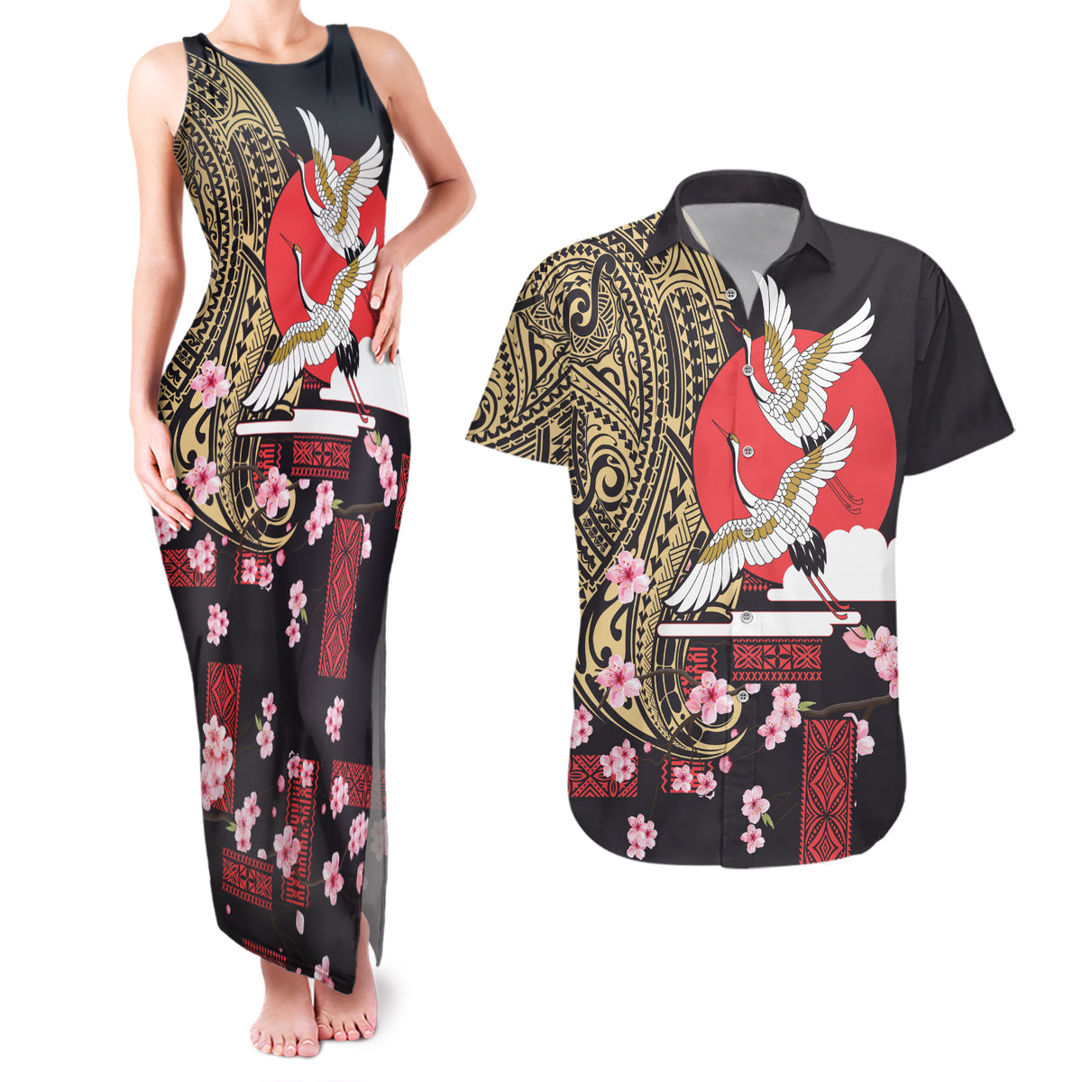 Japanese Culture and Hawaiian Tribal Couples Matching Tank Maxi Dress and Hawaiian Shirt Sakura Blossom Tapa Pattern LT03 Black - Polynesian Pride
