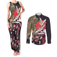 Japanese Culture and Hawaiian Tribal Couples Matching Tank Maxi Dress and Long Sleeve Button Shirt Sakura Blossom Tapa Pattern LT03 Black - Polynesian Pride