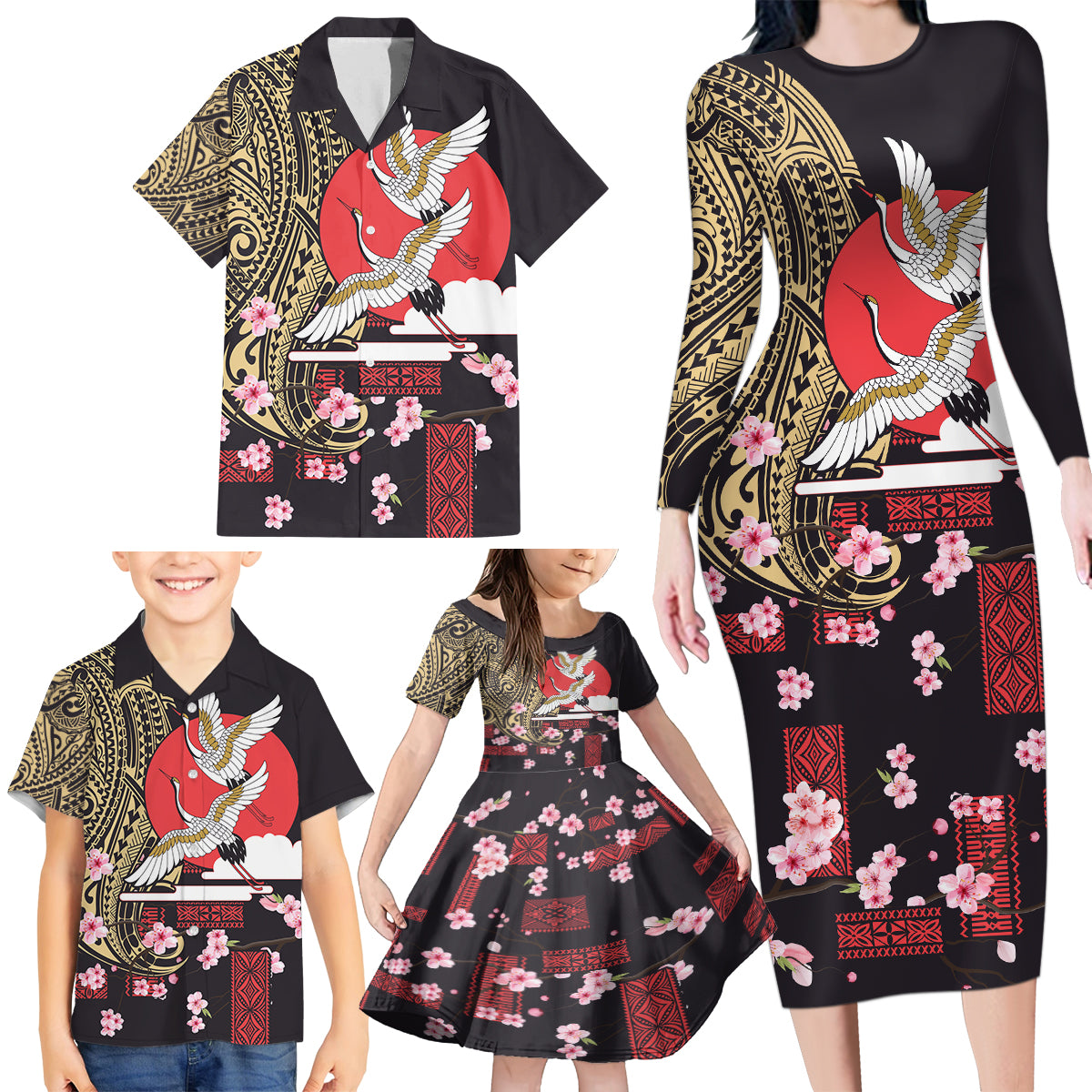 Japanese Culture and Hawaiian Tribal Family Matching Long Sleeve Bodycon Dress and Hawaiian Shirt Sakura Blossom Tapa Pattern LT03 - Polynesian Pride
