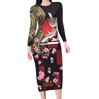 Japanese Culture and Hawaiian Tribal Family Matching Long Sleeve Bodycon Dress and Hawaiian Shirt Sakura Blossom Tapa Pattern LT03 Mom's Dress Black - Polynesian Pride