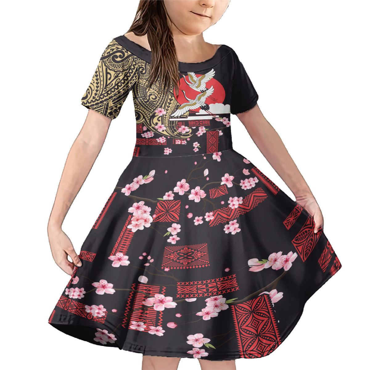 Japanese Culture and Hawaiian Tribal Family Matching Mermaid Dress and Hawaiian Shirt Sakura Blossom Tapa Pattern LT03 Daughter's Dress Black - Polynesian Pride