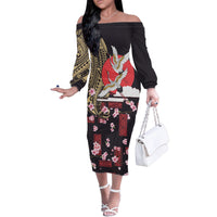 Japanese Culture and Hawaiian Tribal Family Matching Off The Shoulder Long Sleeve Dress and Hawaiian Shirt Sakura Blossom Tapa Pattern LT03 Mom's Dress Black - Polynesian Pride