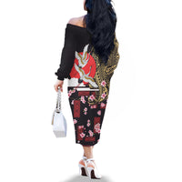 Japanese Culture and Hawaiian Tribal Family Matching Off The Shoulder Long Sleeve Dress and Hawaiian Shirt Sakura Blossom Tapa Pattern LT03 - Polynesian Pride