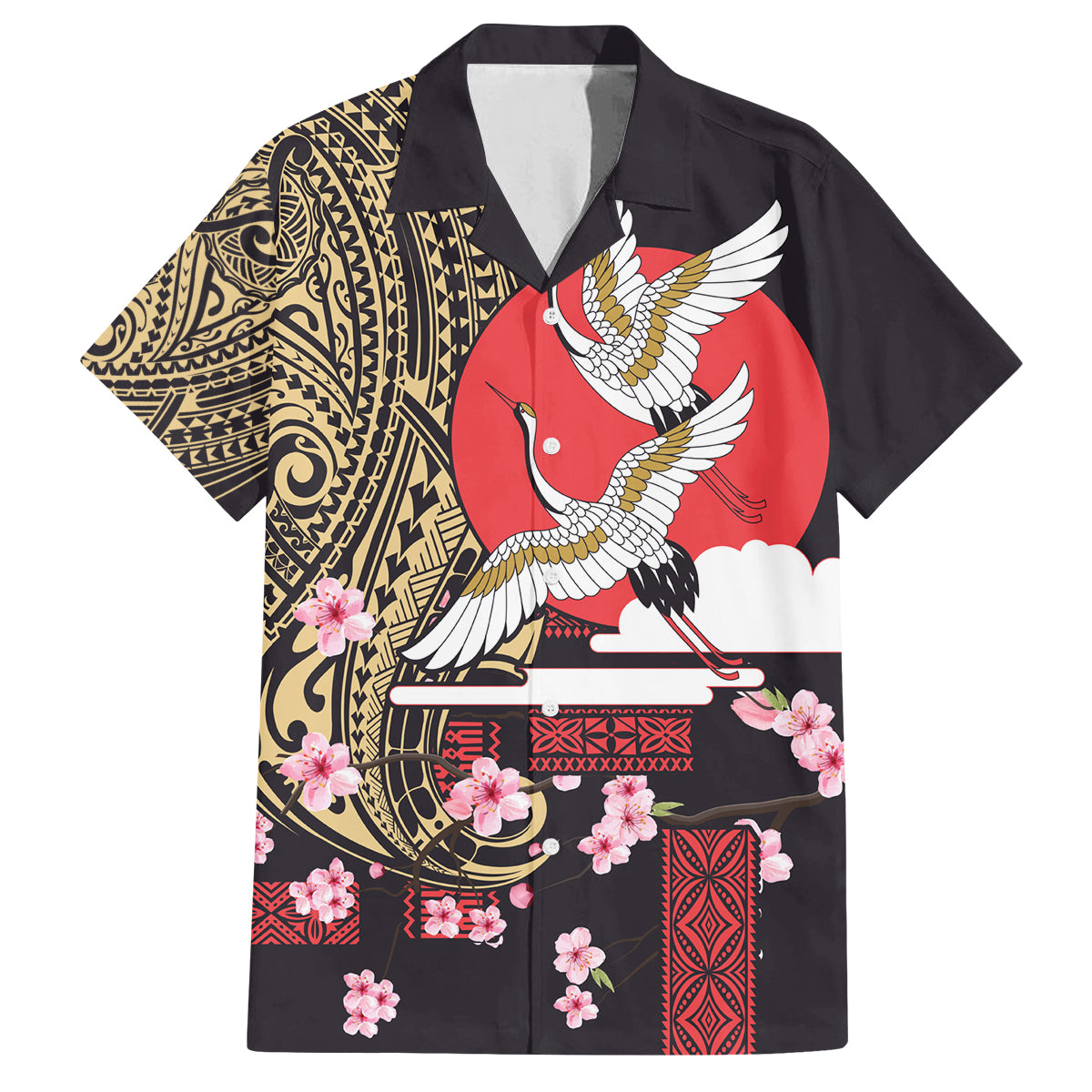 Japanese Culture and Hawaiian Tribal Family Matching Off Shoulder Maxi Dress and Hawaiian Shirt Sakura Blossom Tapa Pattern LT03 Dad's Shirt - Short Sleeve Black - Polynesian Pride