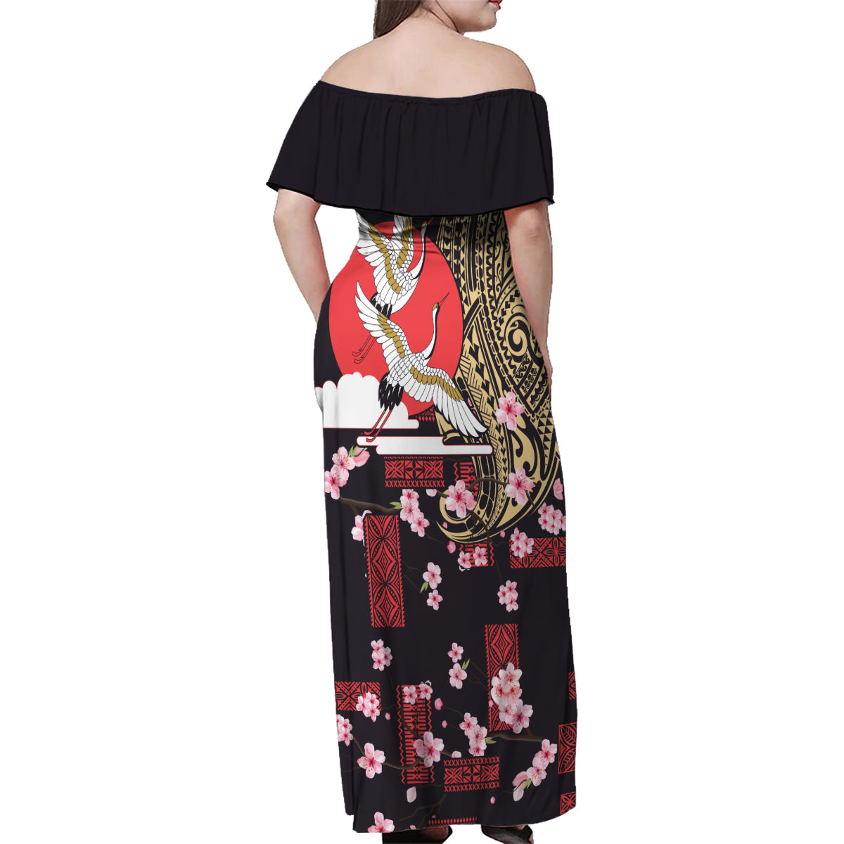 Japanese Culture and Hawaiian Tribal Family Matching Off Shoulder Maxi Dress and Hawaiian Shirt Sakura Blossom Tapa Pattern LT03 - Polynesian Pride