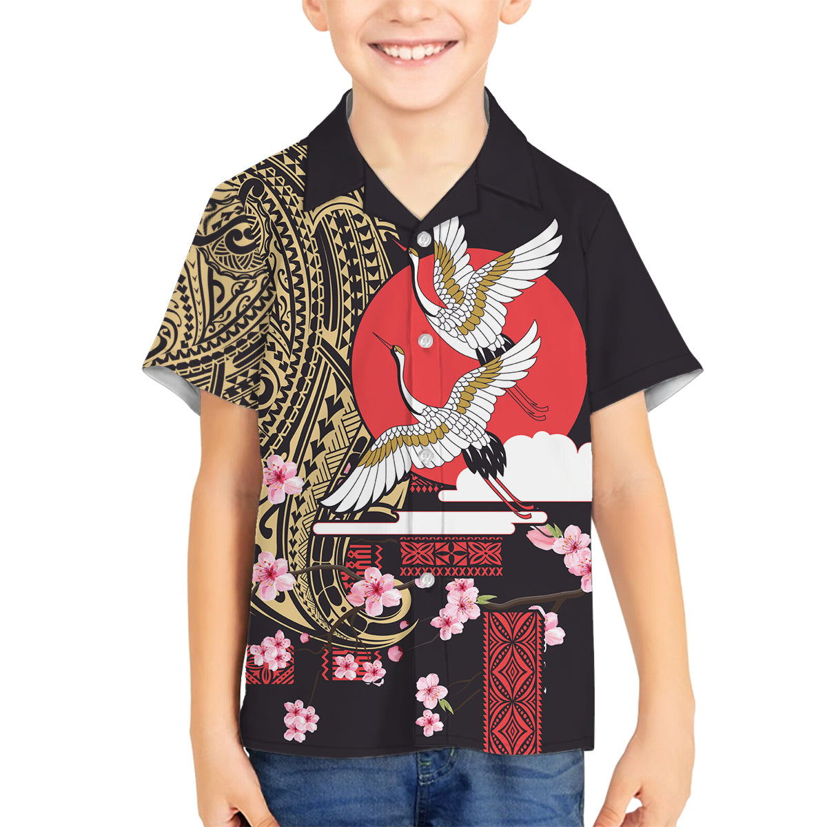 Japanese Culture and Hawaiian Tribal Family Matching Off Shoulder Maxi Dress and Hawaiian Shirt Sakura Blossom Tapa Pattern LT03 Son's Shirt Black - Polynesian Pride