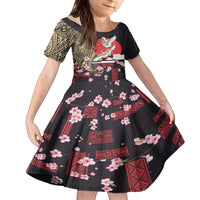 Japanese Culture and Hawaiian Tribal Family Matching Off Shoulder Short Dress and Hawaiian Shirt Sakura Blossom Tapa Pattern LT03 Daughter's Dress Black - Polynesian Pride