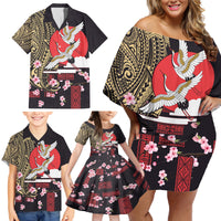 Japanese Culture and Hawaiian Tribal Family Matching Off Shoulder Short Dress and Hawaiian Shirt Sakura Blossom Tapa Pattern LT03 - Polynesian Pride