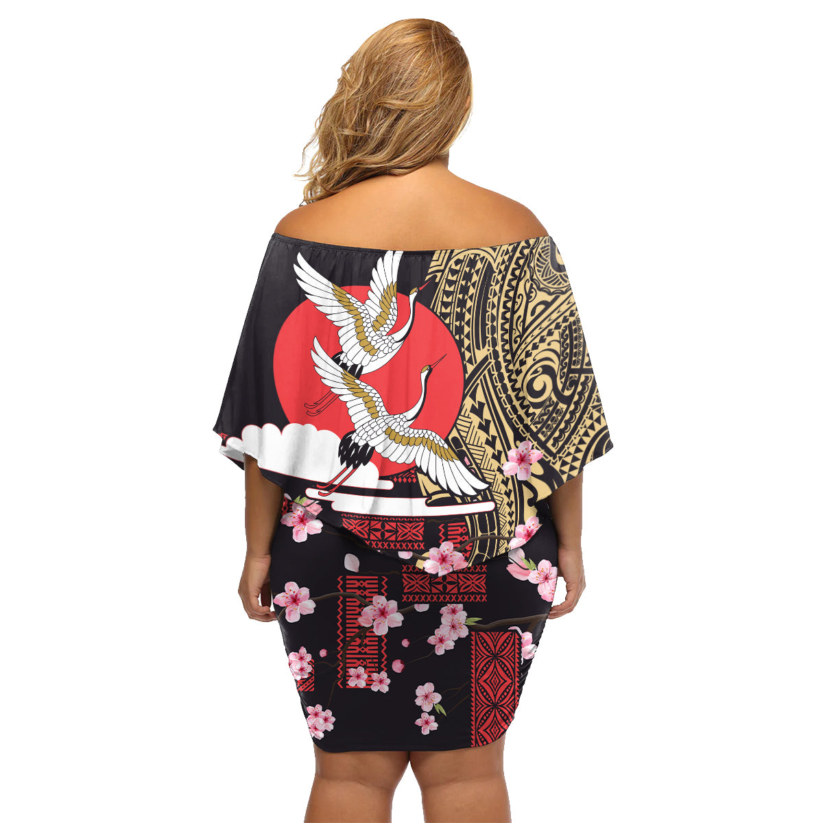 Japanese Culture and Hawaiian Tribal Family Matching Off Shoulder Short Dress and Hawaiian Shirt Sakura Blossom Tapa Pattern LT03 - Polynesian Pride