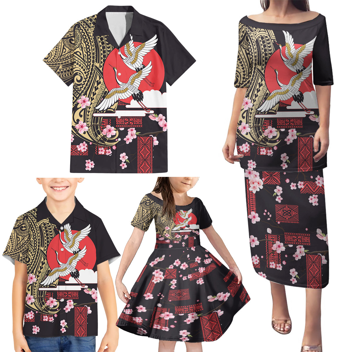 Japanese Culture and Hawaiian Tribal Family Matching Puletasi and Hawaiian Shirt Sakura Blossom Tapa Pattern LT03 - Polynesian Pride