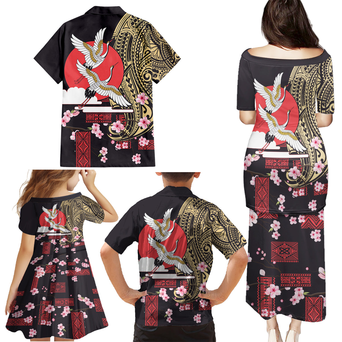 Japanese Culture and Hawaiian Tribal Family Matching Puletasi and Hawaiian Shirt Sakura Blossom Tapa Pattern LT03 - Polynesian Pride