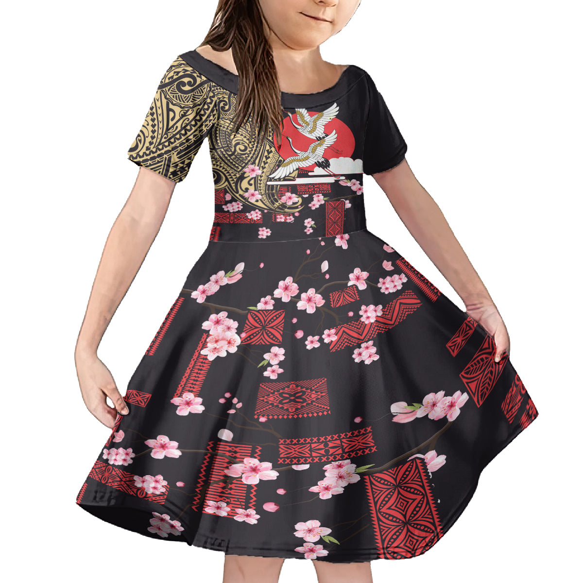 Japanese Culture and Hawaiian Tribal Family Matching Summer Maxi Dress and Hawaiian Shirt Sakura Blossom Tapa Pattern LT03 Daughter's Dress Black - Polynesian Pride