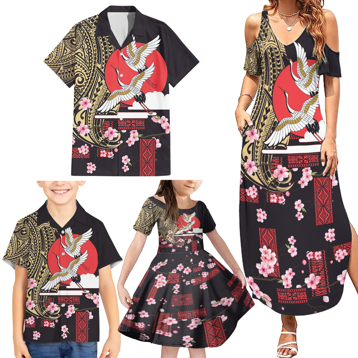 Japanese Culture and Hawaiian Tribal Family Matching Summer Maxi Dress and Hawaiian Shirt Sakura Blossom Tapa Pattern LT03 - Polynesian Pride