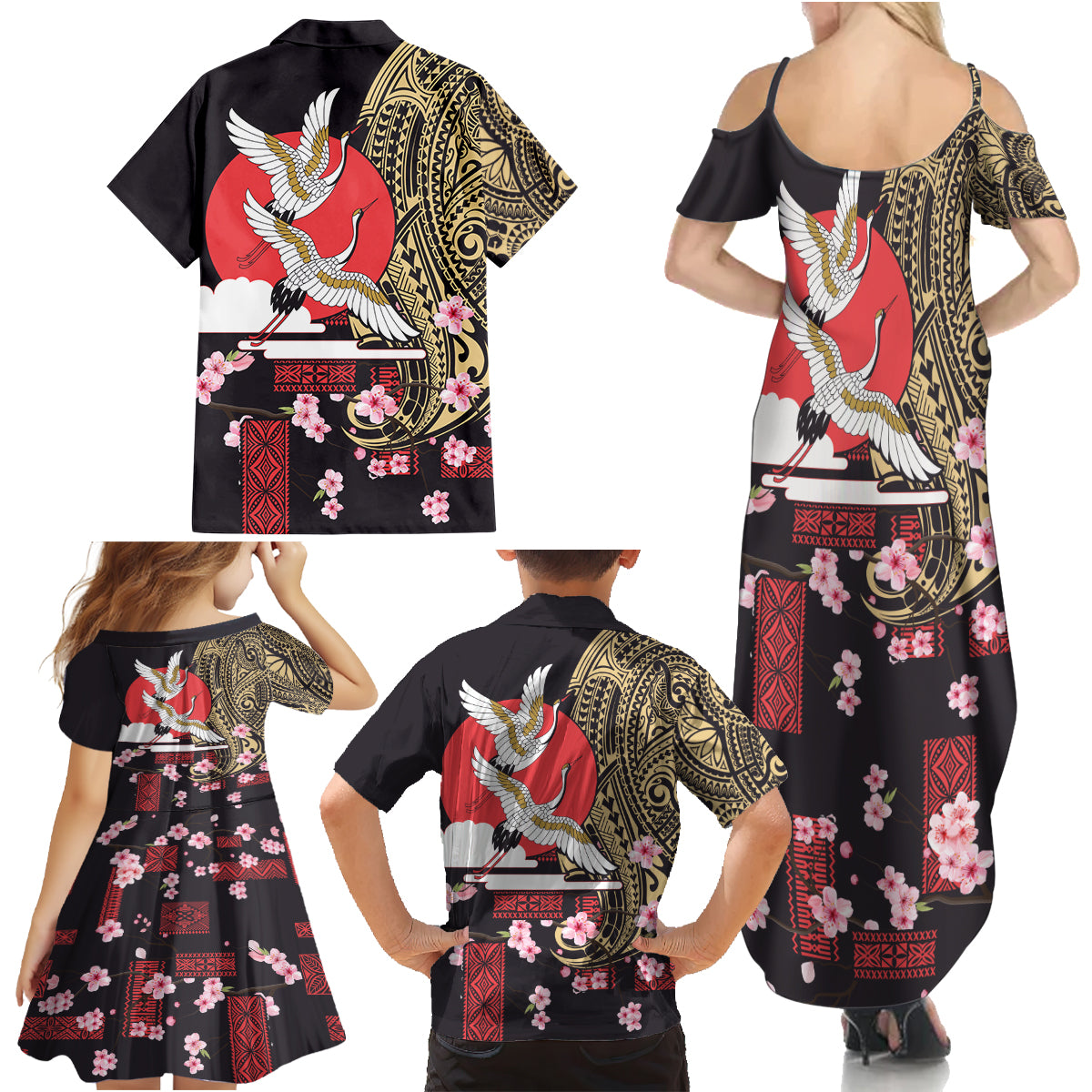 Japanese Culture and Hawaiian Tribal Family Matching Summer Maxi Dress and Hawaiian Shirt Sakura Blossom Tapa Pattern LT03 - Polynesian Pride