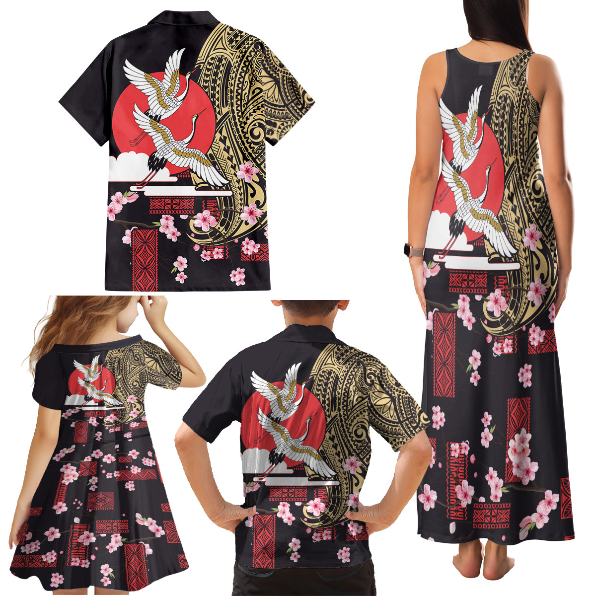 Japanese Culture and Hawaiian Tribal Family Matching Tank Maxi Dress and Hawaiian Shirt Sakura Blossom Tapa Pattern LT03 - Polynesian Pride